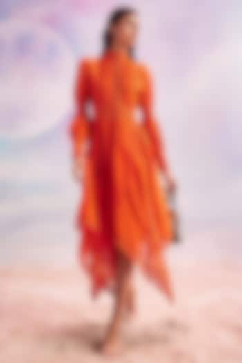 Persimmon Orange Cotton Silk Midi Dress by HOUSE OF EDA