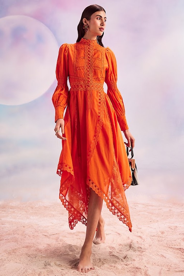 Persimmon Orange Cotton Silk Midi Dress by HOUSE OF EDA