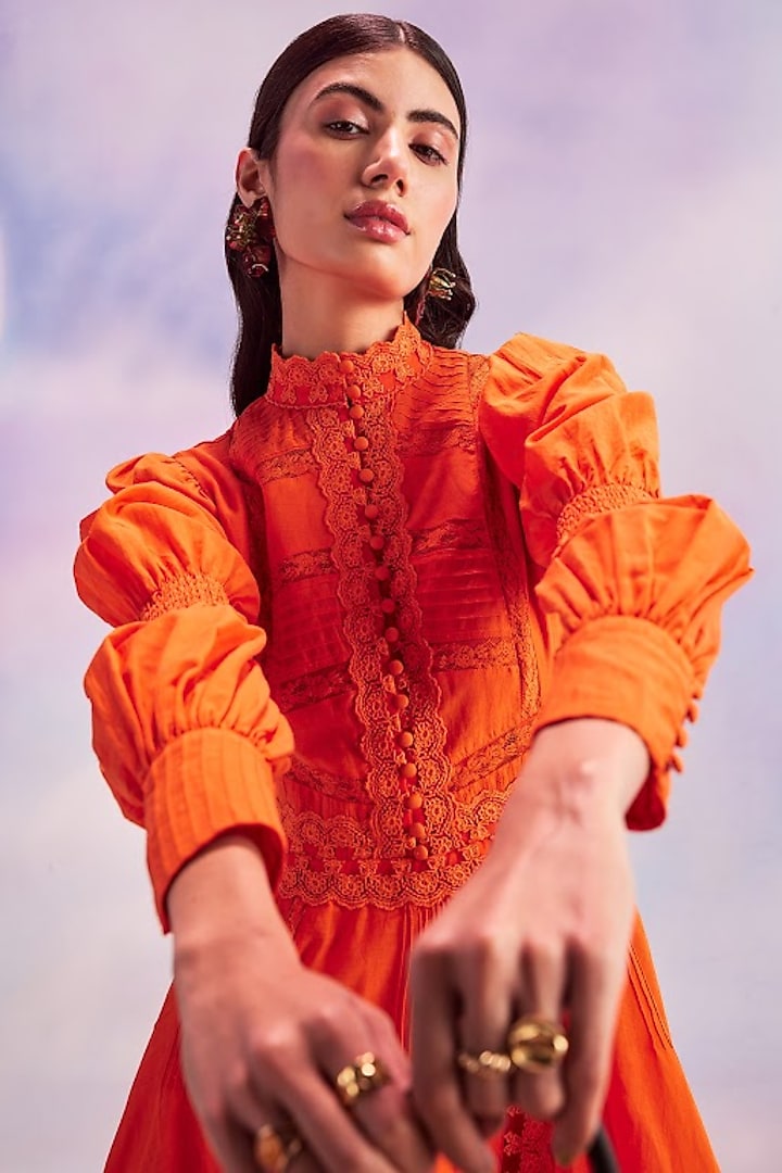 Persimmon Orange Cotton Silk Midi Vacation Dress by HOUSE OF EDA at Pernia's Pop Up Shop