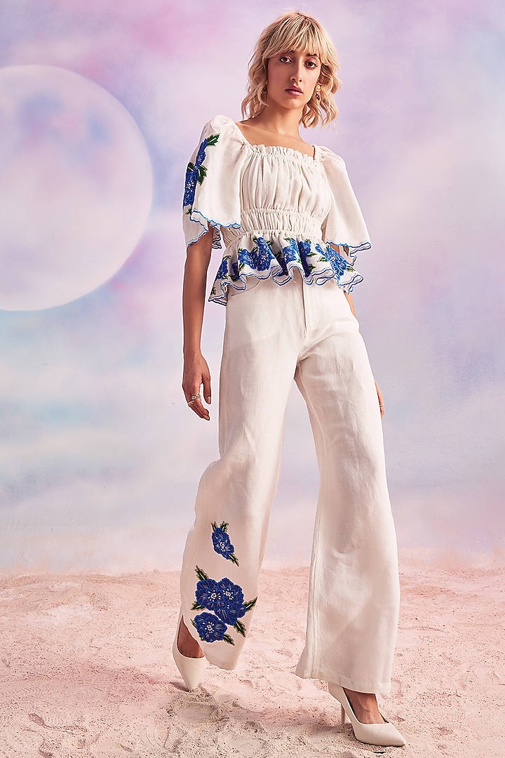 Ivory Linen Embroidered Co-Ord Set by HOUSE OF EDA at Pernia's Pop Up Shop