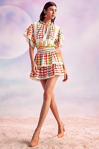 Multi-Colored Linen Cotton Checks Printed Co-Ord Set by HOUSE OF EDA