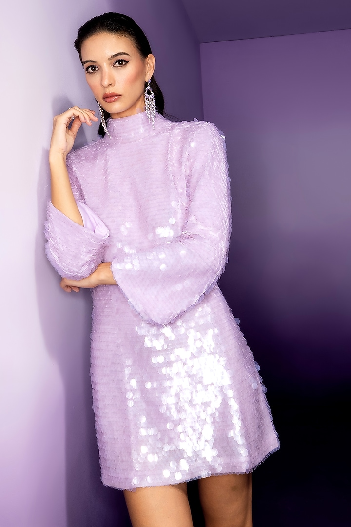 Lilac Nylon Embellished Mini Vacation Dress by HOUSE OF EDA at Pernia's Pop Up Shop