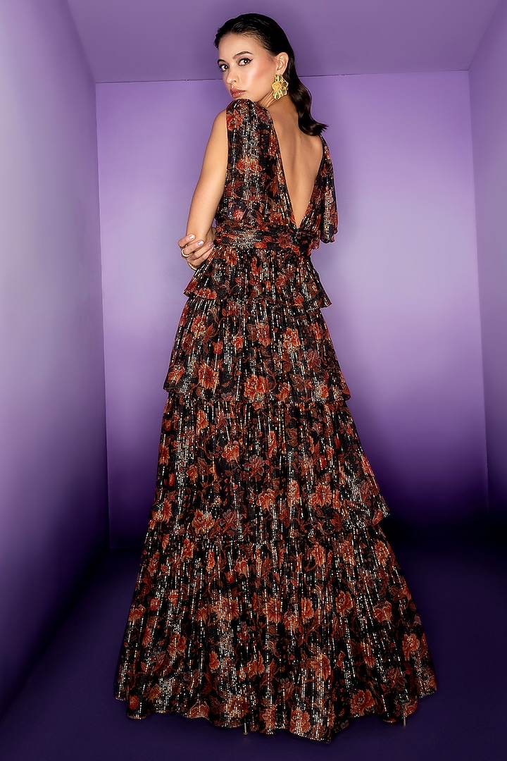 Black Silk Lurex Chiffon Printed Maxi Vacation Dress by HOUSE OF EDA at Pernia's Pop Up Shop