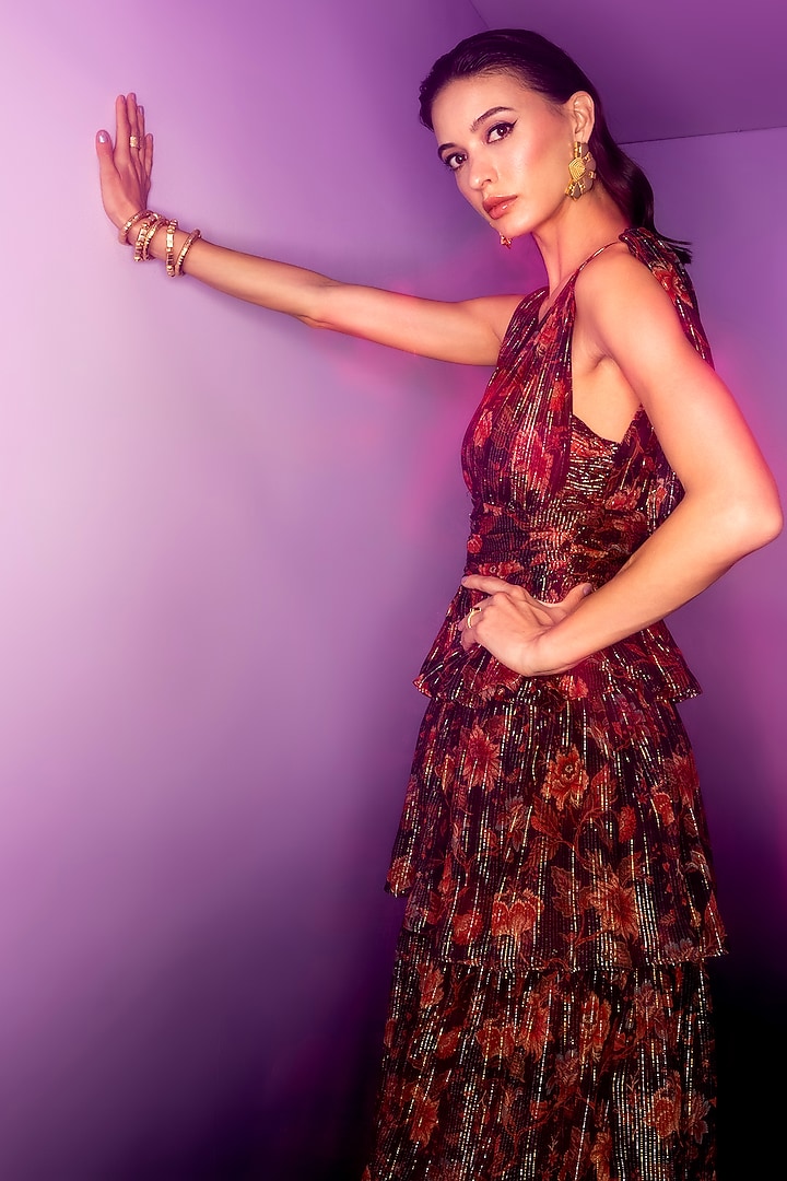Black Silk Lurex Chiffon Printed Maxi Vacation Dress by HOUSE OF EDA at Pernia's Pop Up Shop