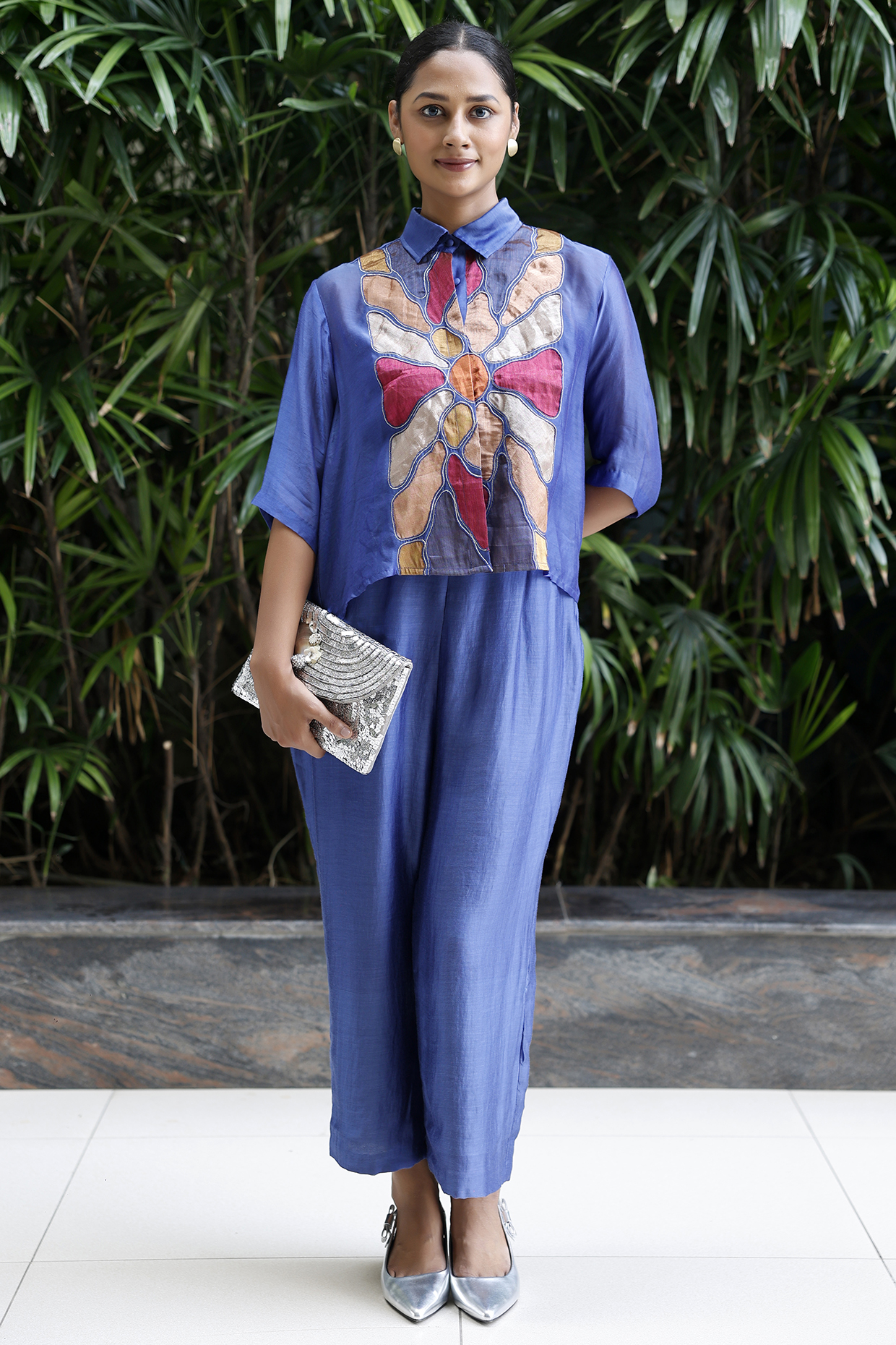 Blue Viscose Silk Patch Work Co-Ord Set by EEDA at Pernia's Pop Up Shop