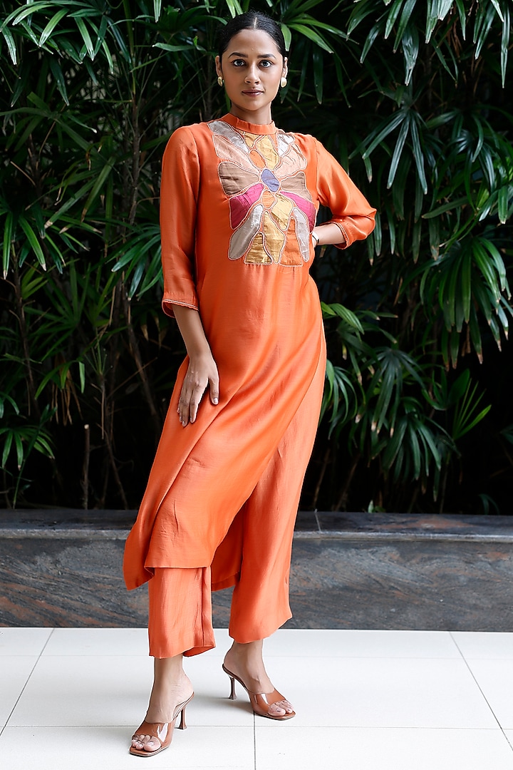 Orange Viscose Silk Patch Work Kurta Set by EEDA at Pernia's Pop Up Shop