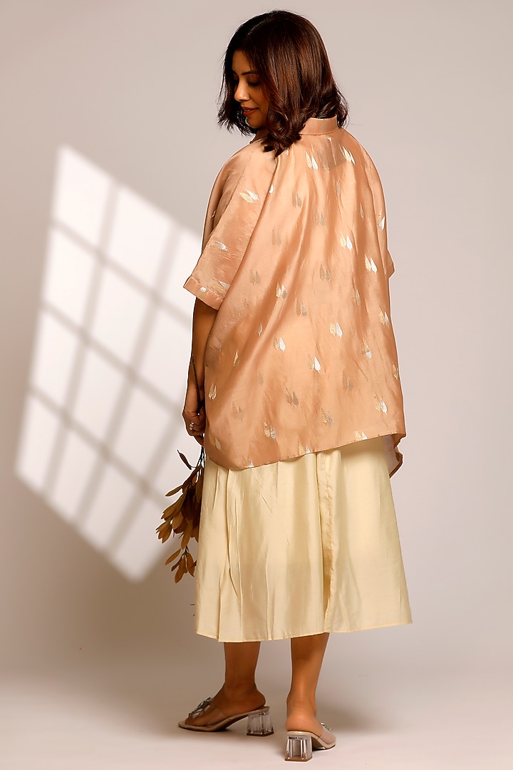 Beige Chanderi Hand Embroidered Asymmetric Shirt by EEDA at Pernia's Pop Up Shop