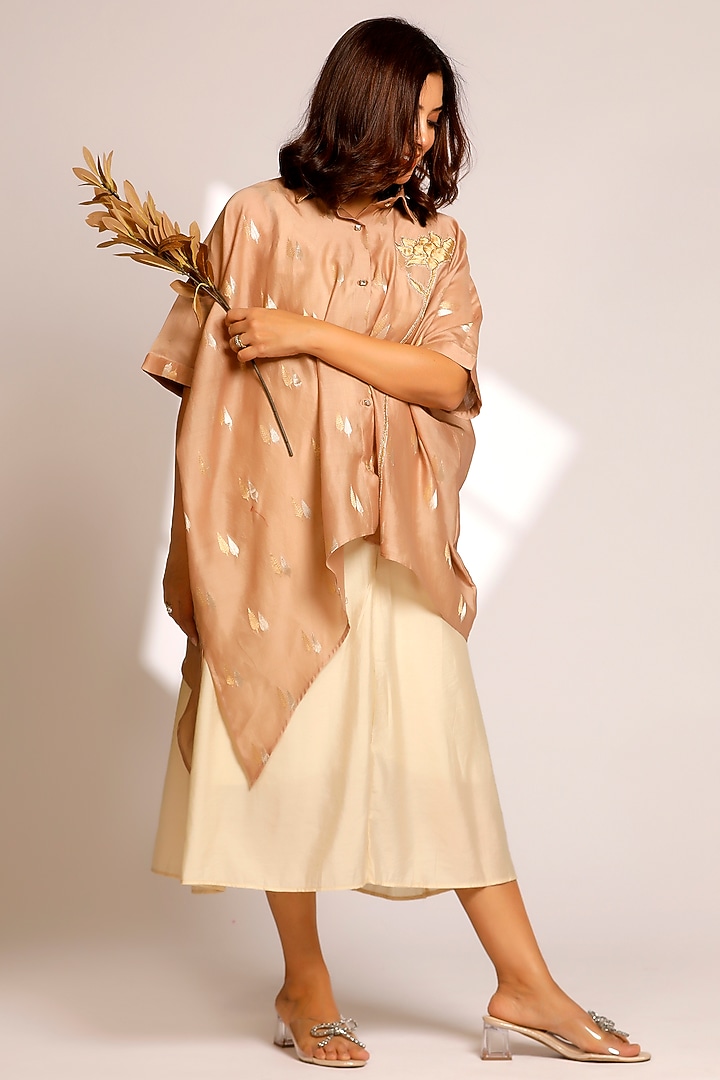 Beige Chanderi Hand Embroidered Asymmetric Shirt by EEDA at Pernia's Pop Up Shop