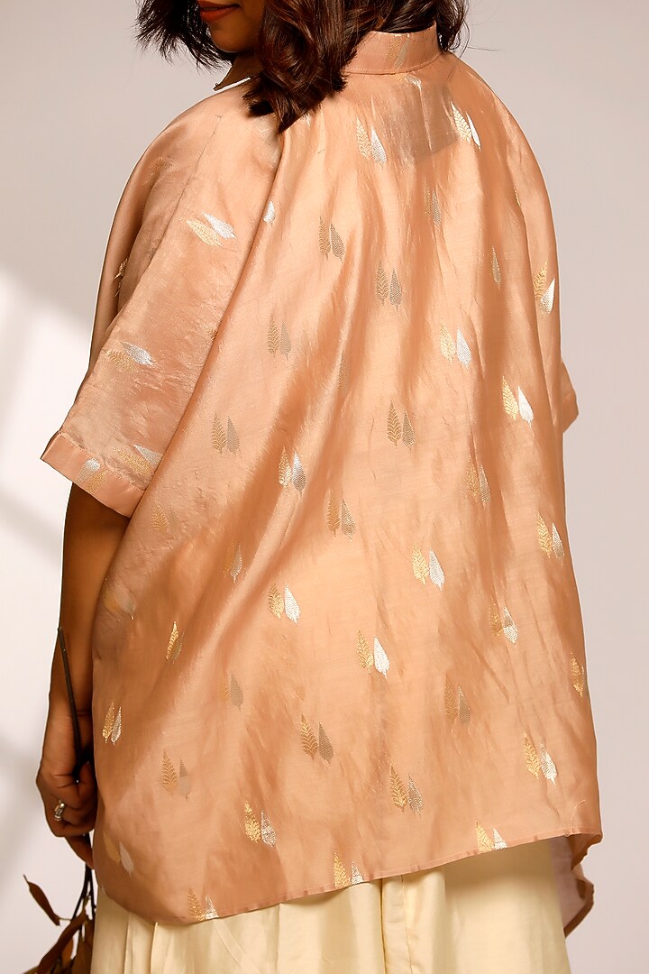 Beige Chanderi Hand Embroidered Asymmetric Shirt by EEDA at Pernia's Pop Up Shop