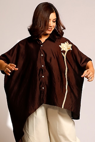 Brown Pure Silk Hand Embroidered Asymmetric Shirt by EEDA