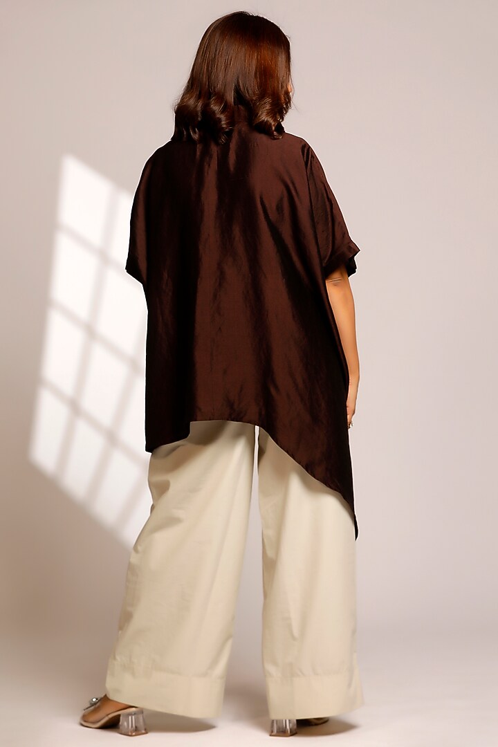 Brown Pure Silk Hand Embroidered Asymmetric Shirt by EEDA at Pernia's Pop Up Shop