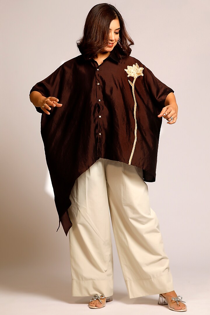 Brown Pure Silk Hand Embroidered Asymmetric Shirt by EEDA at Pernia's Pop Up Shop