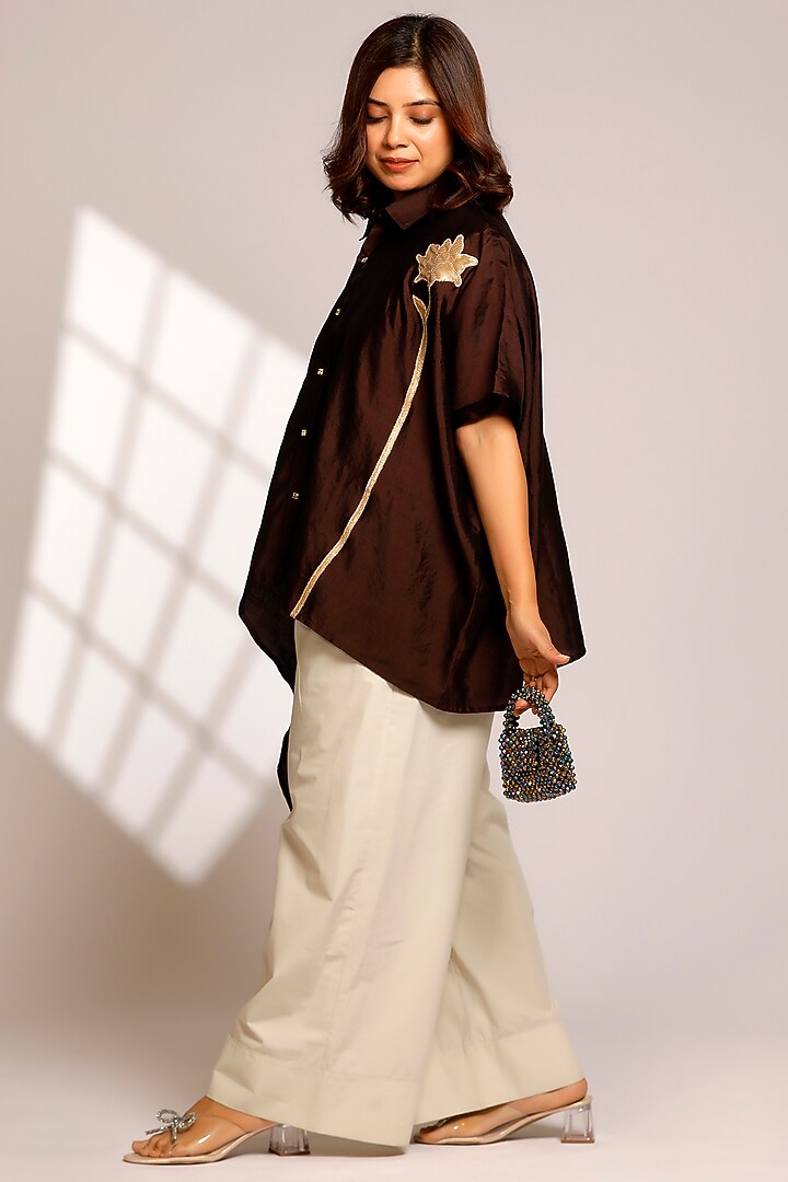 Brown Pure Silk Hand Embroidered Asymmetric Shirt by EEDA at Pernia's Pop Up Shop