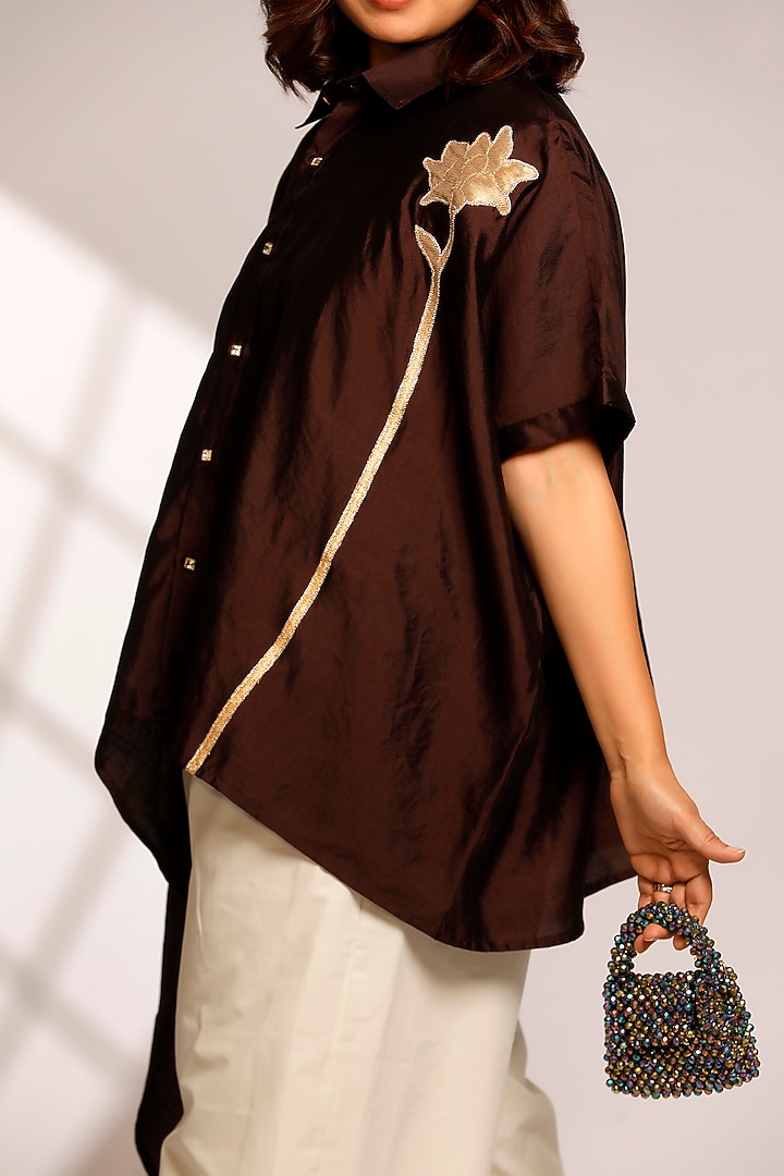 Brown Pure Silk Hand Embroidered Asymmetric Shirt by EEDA at Pernia's Pop Up Shop