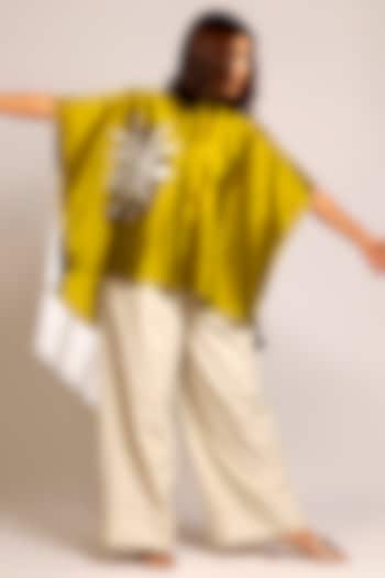 Green Pure Silk Hand Embroidered Kaftan-Styled Shirt by EEDA at Pernia's Pop Up Shop