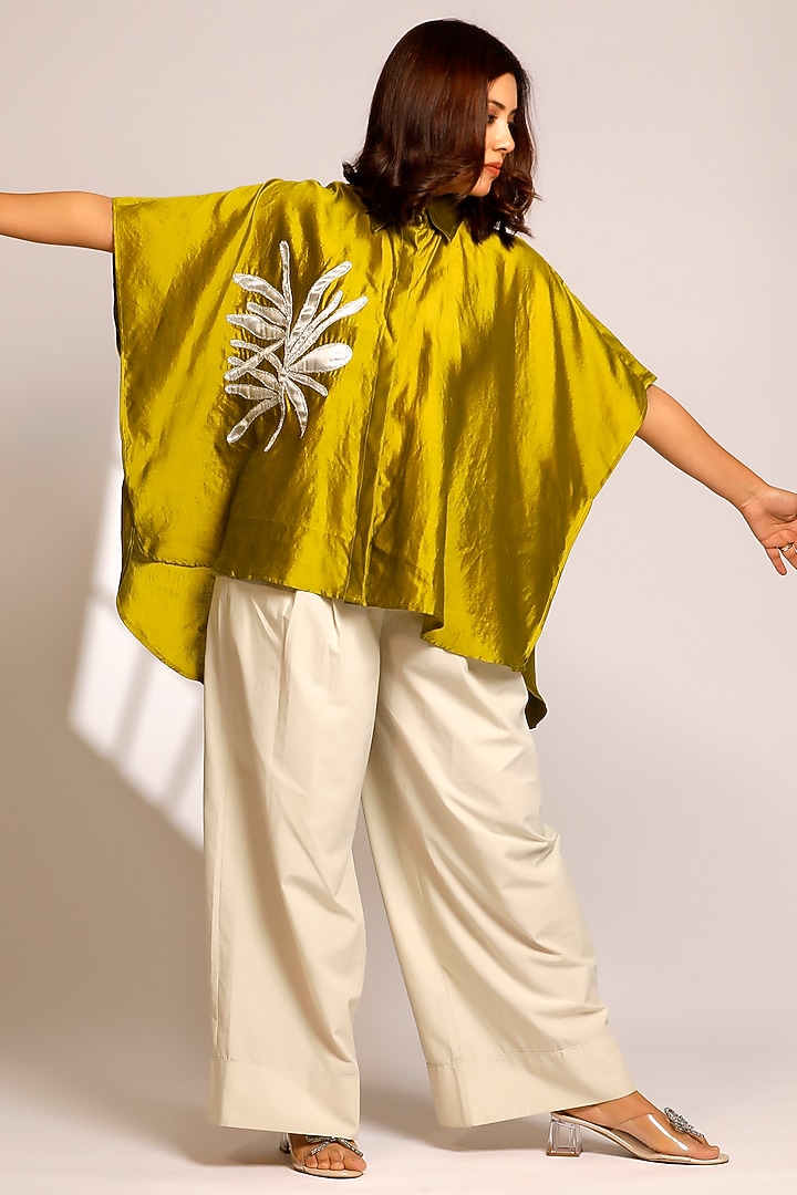 Green Pure Silk Hand Embroidered Kaftan-Styled Shirt by EEDA at Pernia's Pop Up Shop