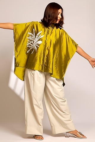 Green Pure Silk Hand Embroidered Kaftan-Styled Shirt by EEDA