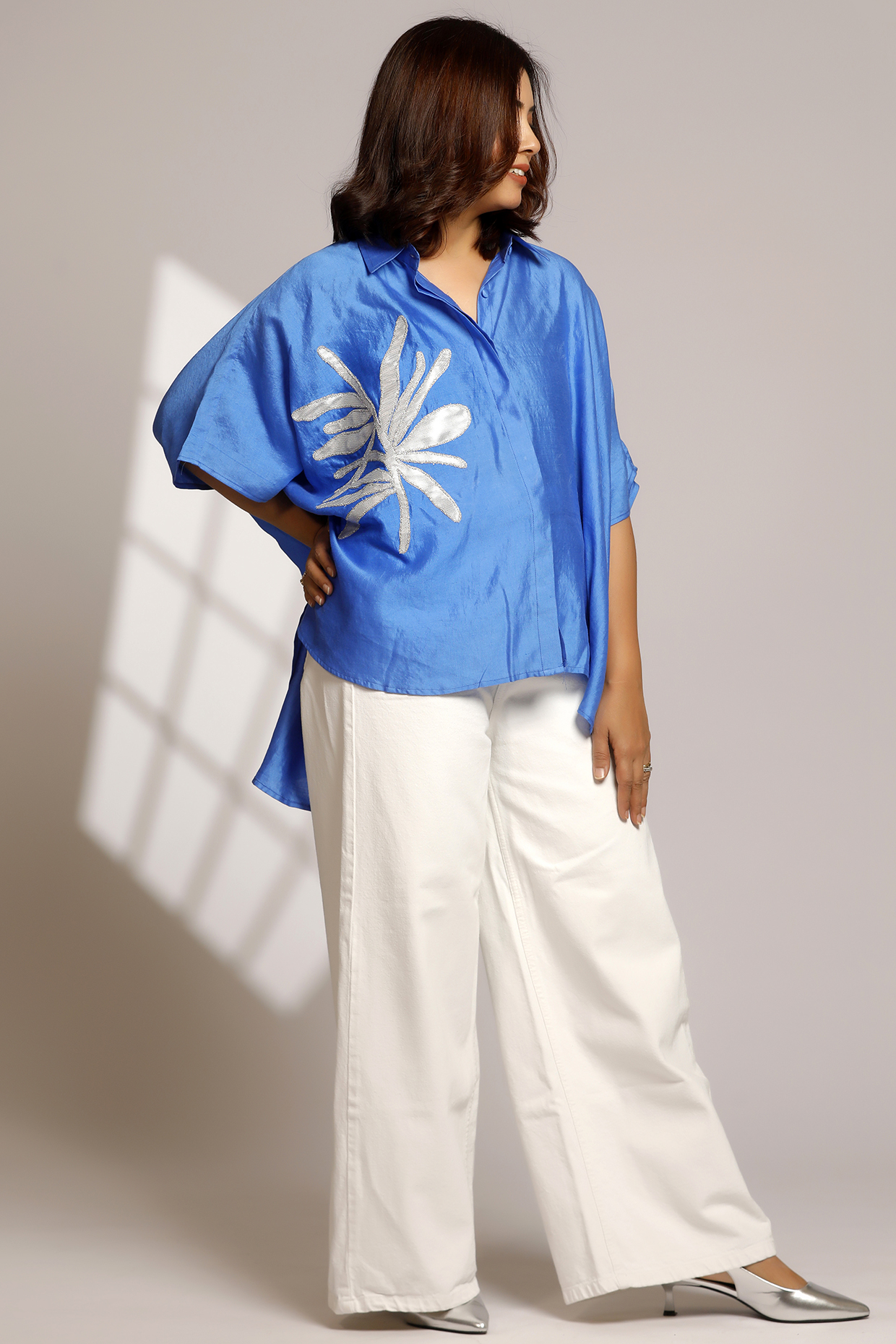 Blue Pure Silk Hand Embroidered Kaftan-Styled Shirt by EEDA at Pernia's Pop Up Shop