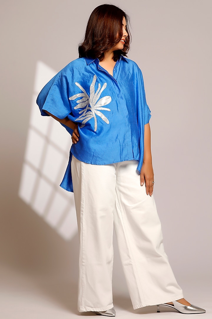 Blue Pure Silk Hand Embroidered Kaftan-Styled Shirt by EEDA at Pernia's Pop Up Shop