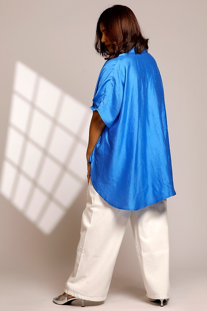 Blue Pure Silk Hand Embroidered Kaftan-Styled Shirt by EEDA at Pernia's Pop Up Shop