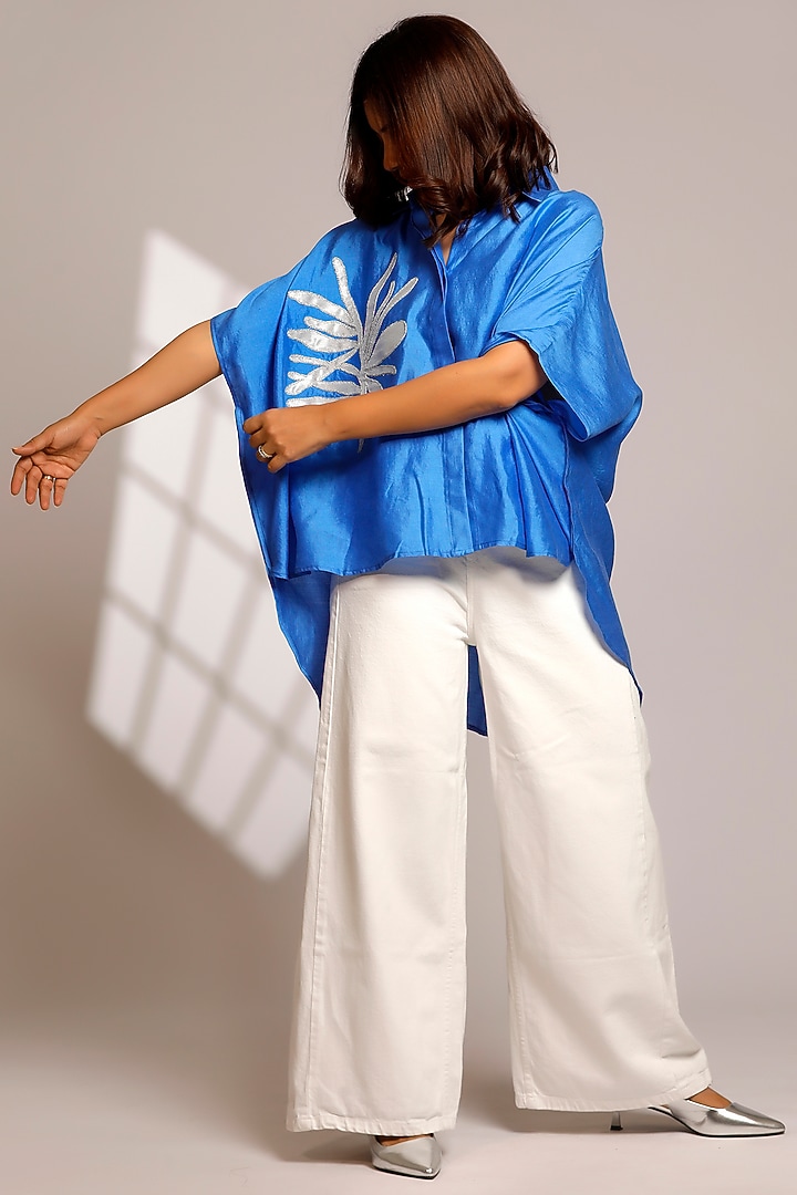 Blue Pure Silk Hand Embroidered Kaftan-Styled Shirt by EEDA at Pernia's Pop Up Shop