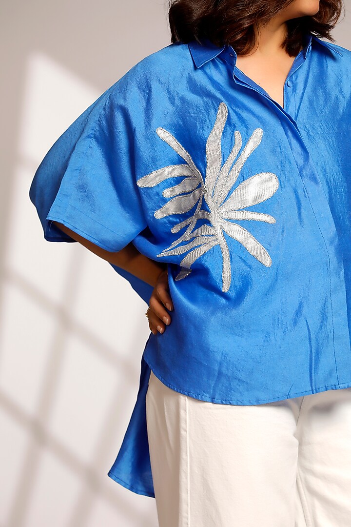 Blue Pure Silk Hand Embroidered Kaftan-Styled Shirt by EEDA at Pernia's Pop Up Shop