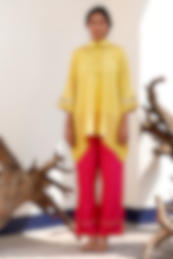 Yellow Pure Silk Embroidered Kaftan Kurta Set by EEDA at Pernia's Pop Up Shop