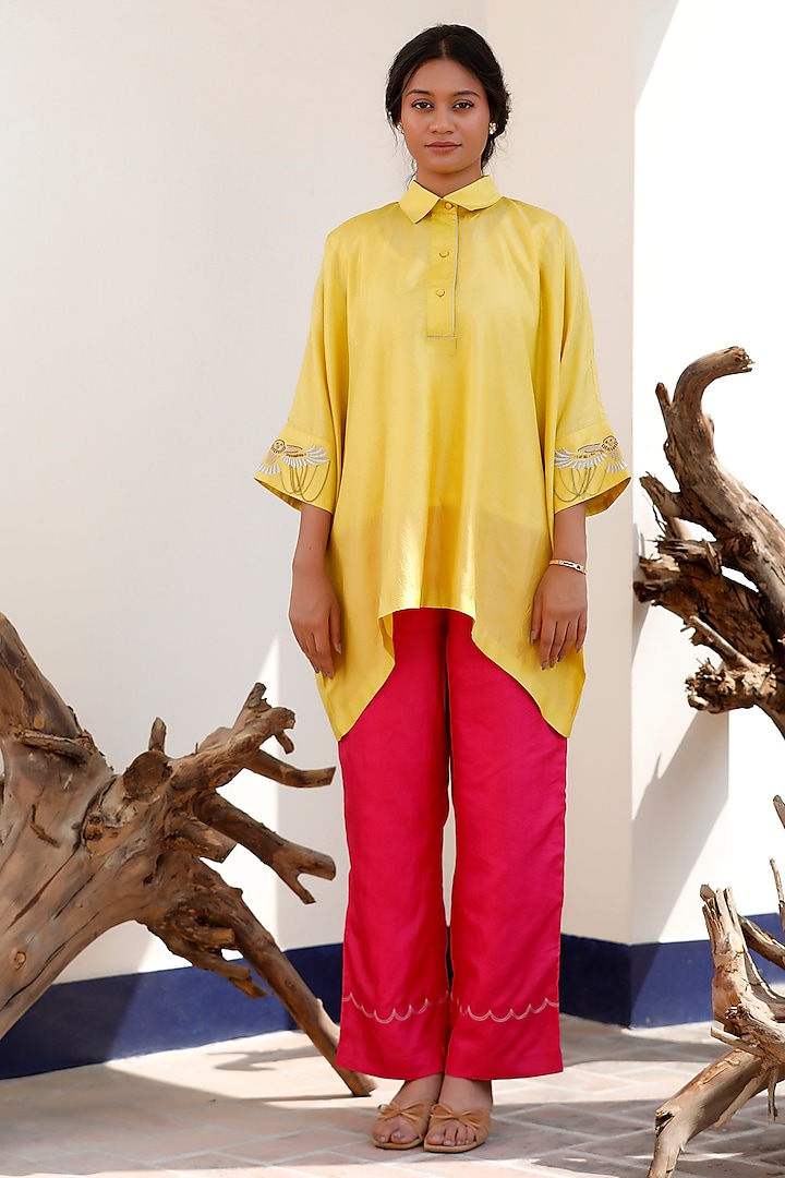 Yellow Pure Silk Embroidered Kaftan Kurta Set by EEDA at Pernia's Pop Up Shop
