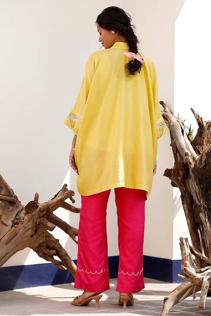 Yellow Pure Silk Embroidered Kaftan Kurta Set by EEDA at Pernia's Pop Up Shop