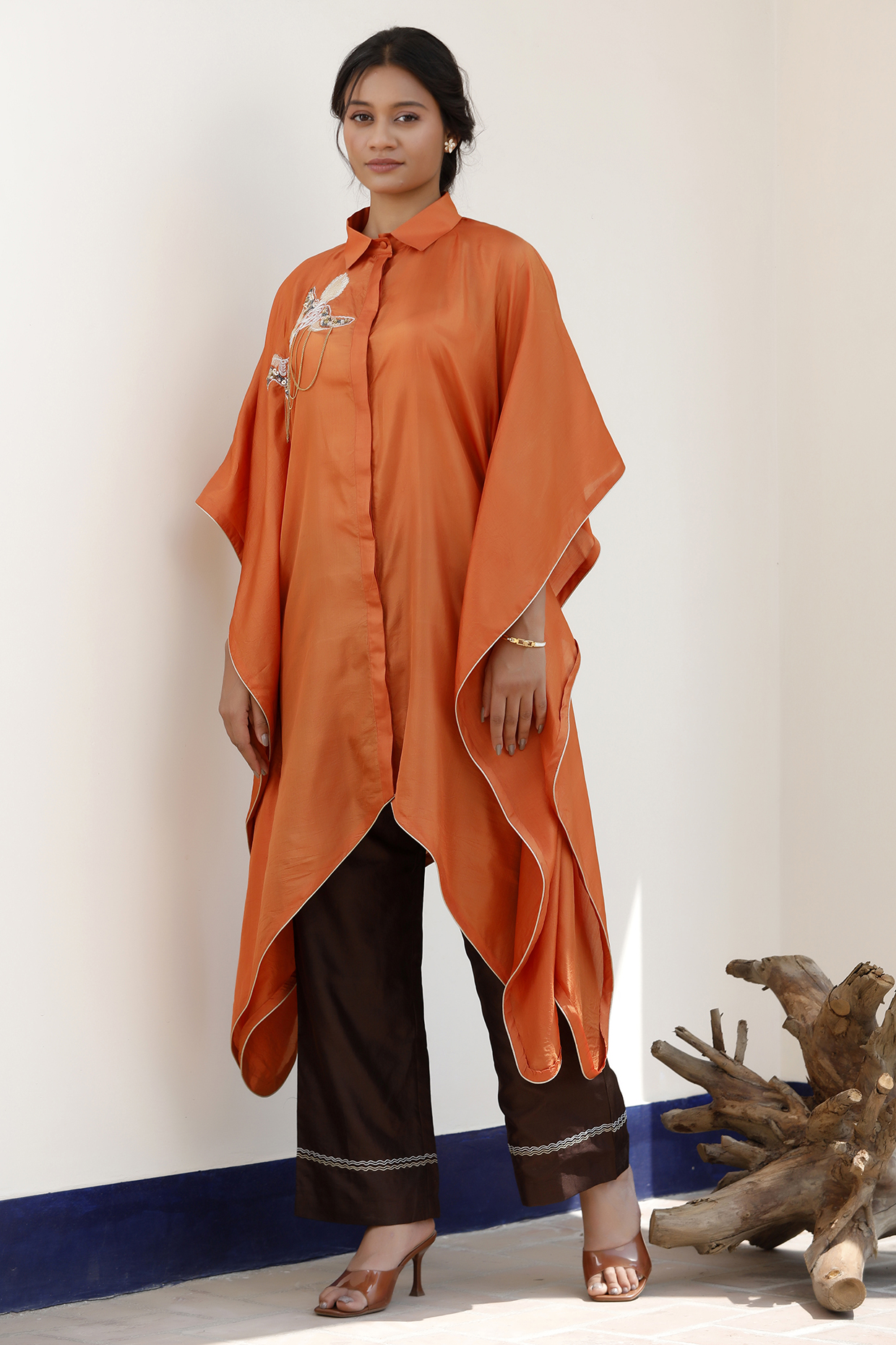 Orange Pure Silk Embroidered Kaftan Kurta Set by EEDA at Pernia's Pop Up Shop
