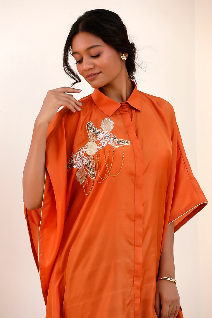 Orange Pure Silk Embroidered Kaftan Kurta Set by EEDA at Pernia's Pop Up Shop