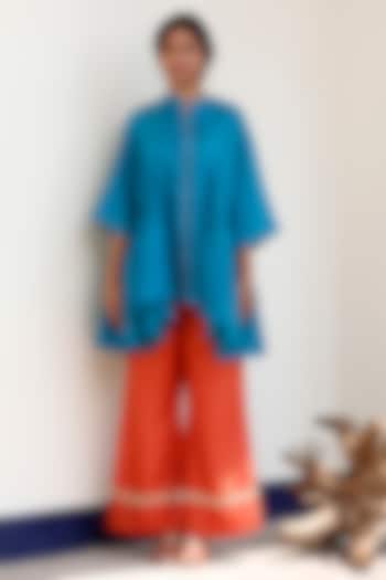 Orange Pure Silk Embroidered Flared Pant Set by EEDA at Pernia's Pop Up Shop