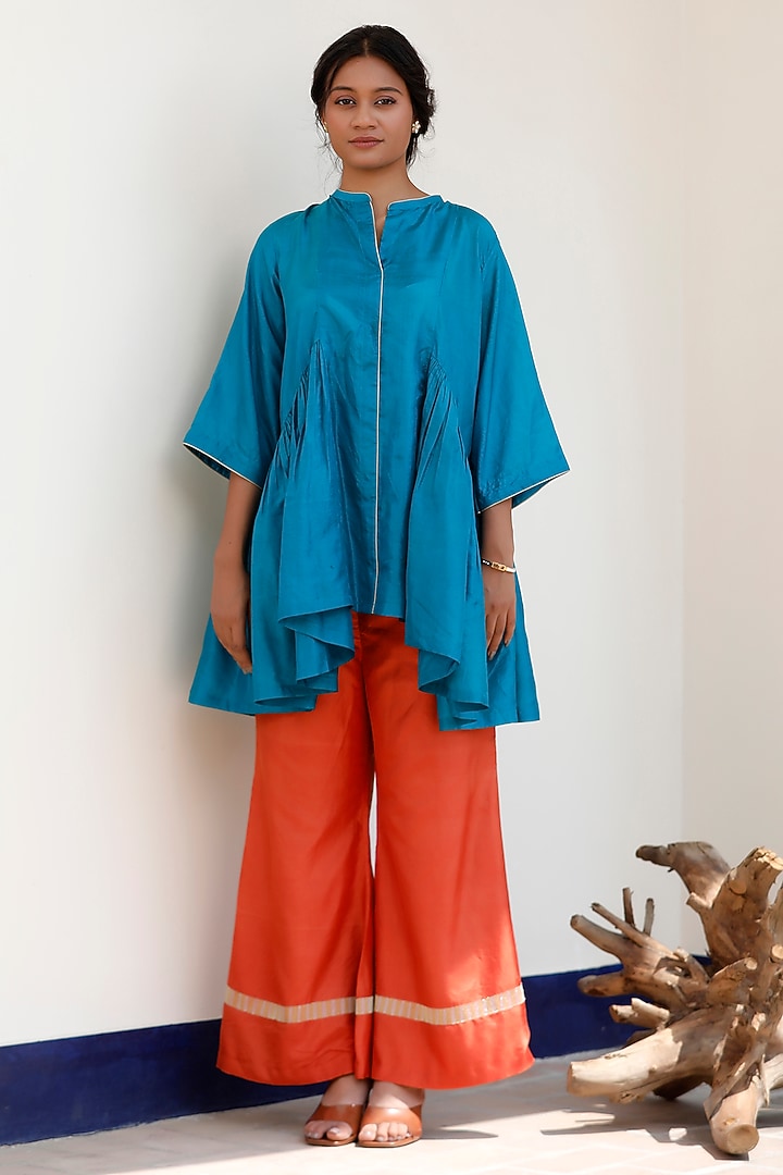 Orange Pure Silk Embroidered Flared Pant Set by EEDA at Pernia's Pop Up Shop