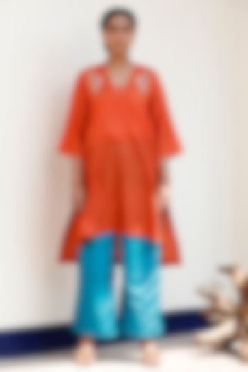 Orange Pure Silk Embroidered A-Line Kurta Set by EEDA at Pernia's Pop Up Shop