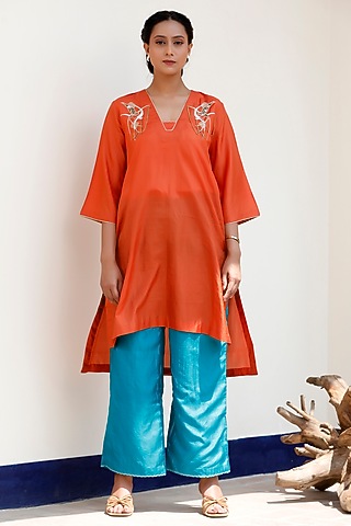 Orange Pure Silk Embroidered A-Line Kurta Set by EEDA