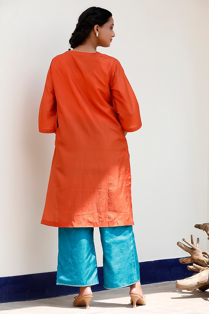 Orange Pure Silk Embroidered A-Line Kurta Set by EEDA at Pernia's Pop Up Shop