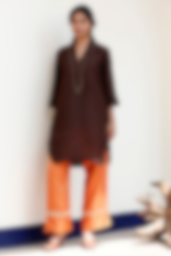 Brown Pure Silk Embroidered A-Line Kurta Set by EEDA at Pernia's Pop Up Shop
