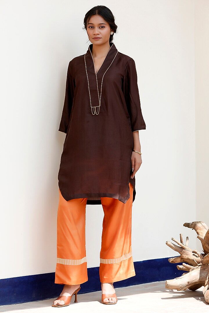 Brown Pure Silk Embroidered A-Line Kurta Set by EEDA at Pernia's Pop Up Shop