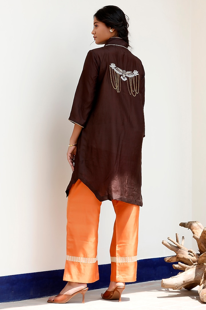 Brown Pure Silk Embroidered A-Line Kurta Set by EEDA at Pernia's Pop Up Shop