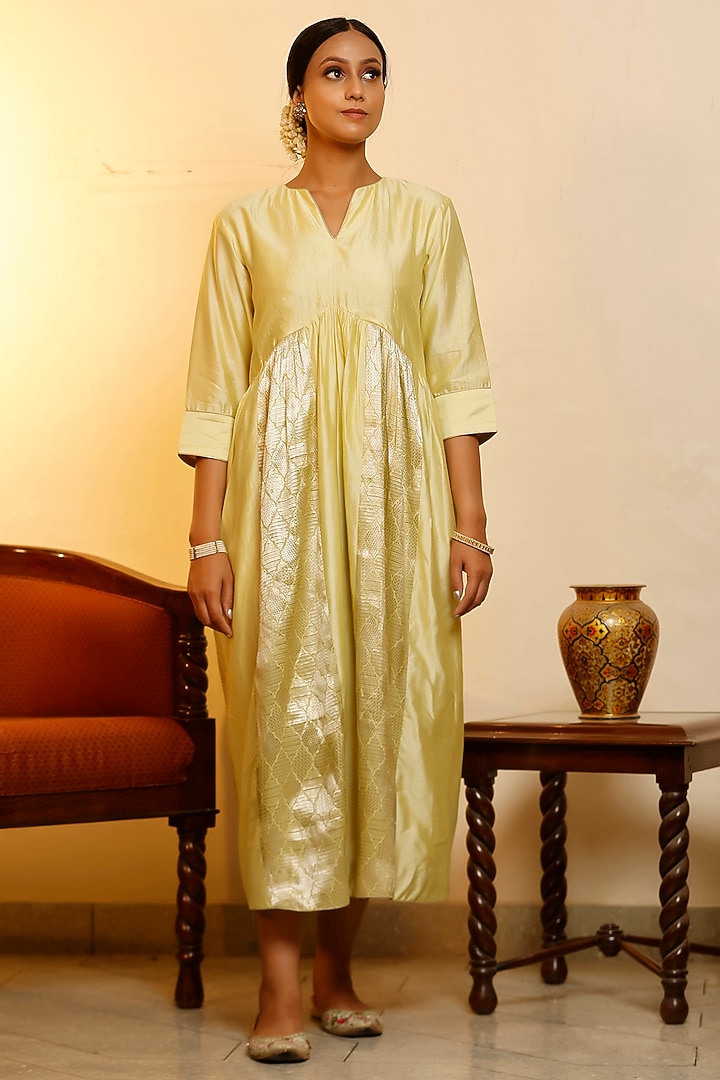 Yellow Chiniya Silk Vacation Dress by EEDA at Pernia's Pop Up Shop