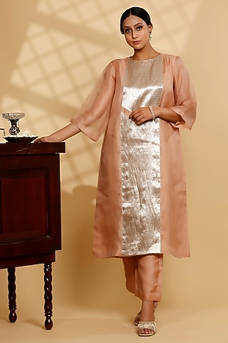 Peach Silk Organza Patchwork Kurta Set by EEDA