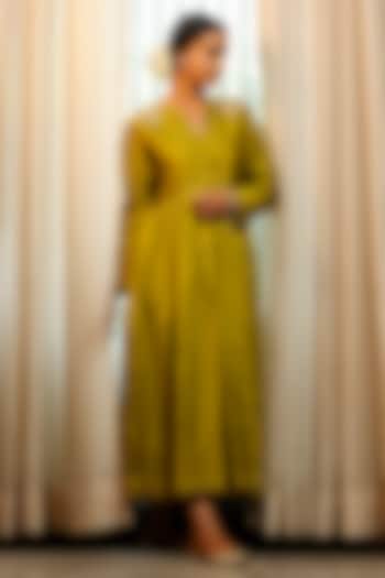 Green Chiniya Silk Embroidered Vacation Dress by EEDA at Pernia's Pop Up Shop
