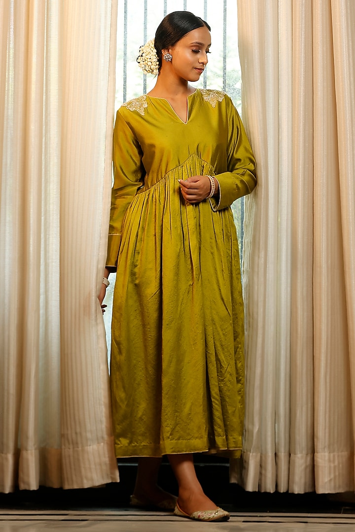 Green Chiniya Silk Embroidered Vacation Dress by EEDA at Pernia's Pop Up Shop