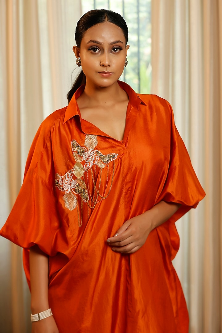 Orange Pure Silk Embellished Vacation Dress by EEDA at Pernia's Pop Up Shop