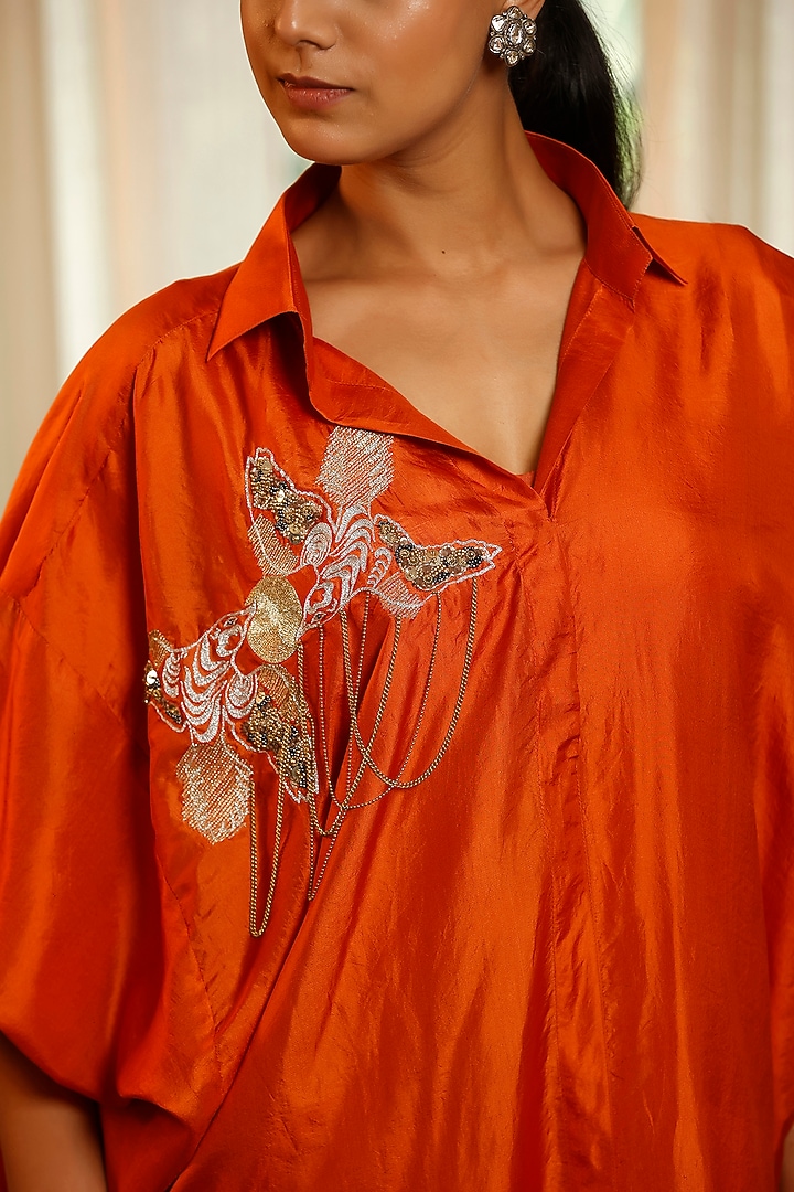 Orange Pure Silk Embellished Vacation Dress by EEDA at Pernia's Pop Up Shop