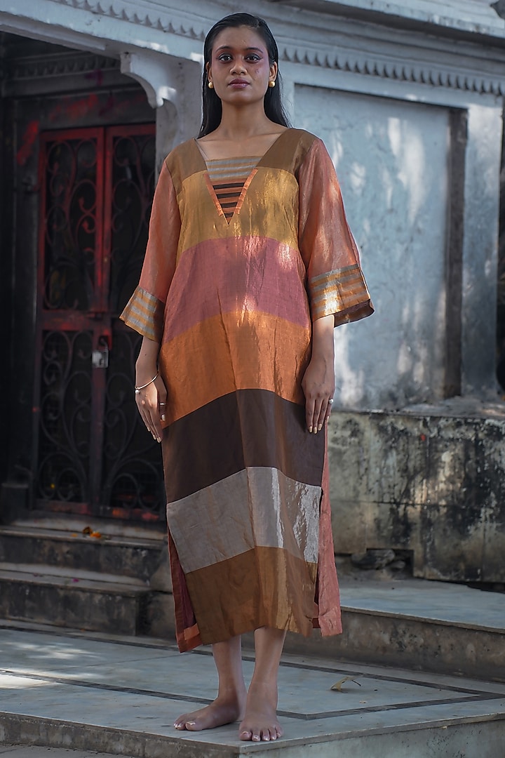 Multi-Colored Metallic Silk Tissue Striped A-Line Vacation Dress by EEDA at Pernia's Pop Up Shop