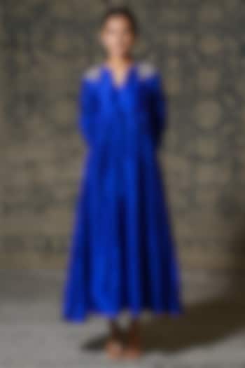 Blue Chiniya Silk Zardosi Hand Embroidered Flared Maxi Vacation Dress by EEDA at Pernia's Pop Up Shop