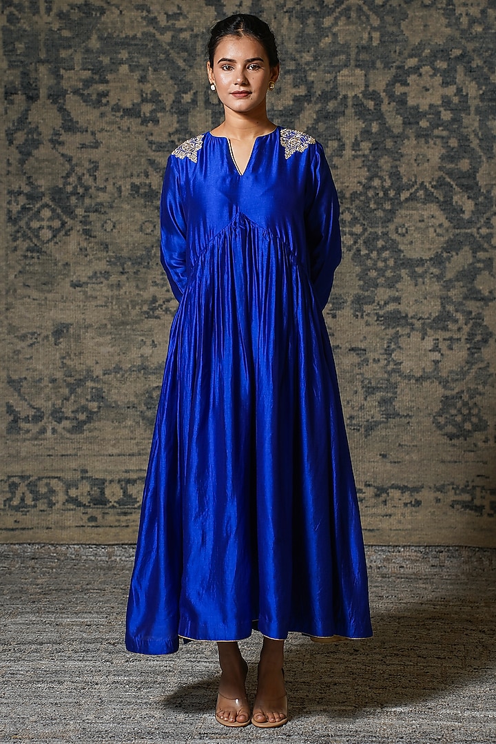 Blue Chiniya Silk Zardosi Hand Embroidered Flared Maxi Vacation Dress by EEDA at Pernia's Pop Up Shop