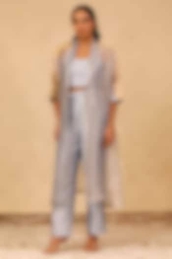 Blue Silk Tissue Overlay Jacket Set by EEDA at Pernia's Pop Up Shop