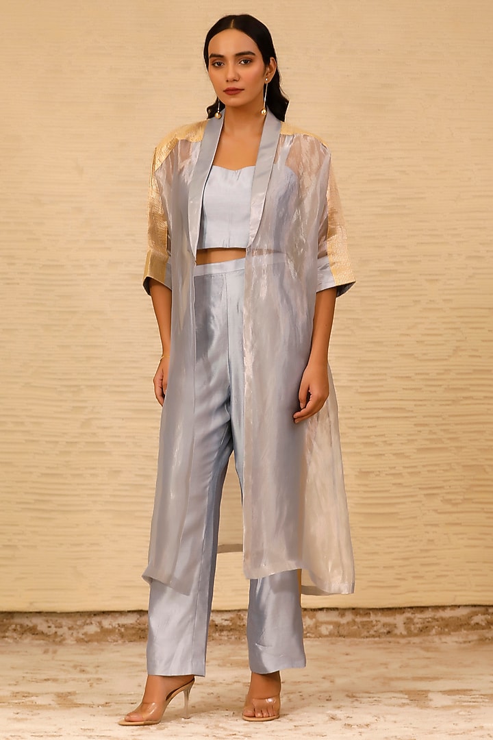 Blue Silk Tissue Overlay Jacket Set by EEDA at Pernia's Pop Up Shop